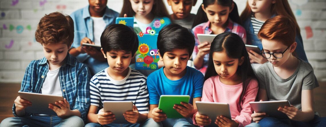 Diverse group of children using tablets and smartphones with educational apps