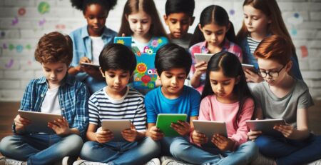 Diverse group of children using tablets and smartphones with educational apps