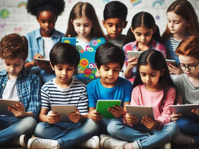 Diverse group of children using tablets and smartphones with educational apps