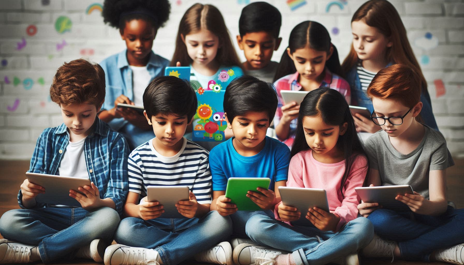 Diverse group of children using tablets and smartphones with educational apps