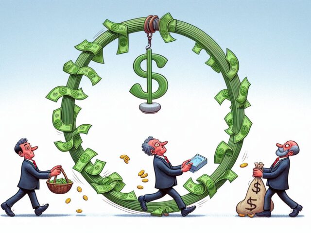 Humorous illustration of the Law of the Circle concept showing money flowing in a continuous loop