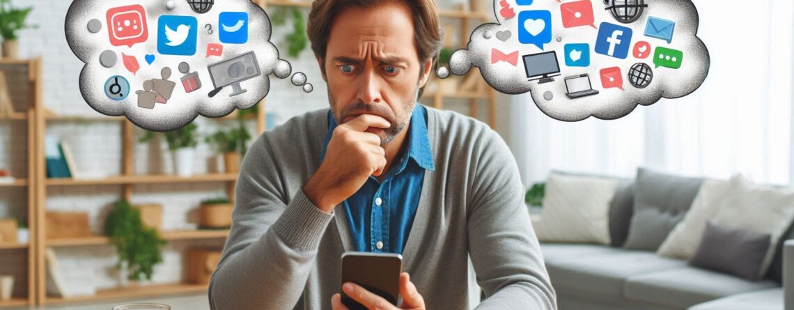 Parent looking puzzled at a smartphone, with thought bubbles of social media icons