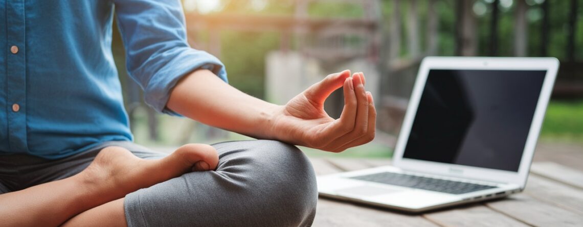 Person in lotus position meditating peacefully with smartphones and laptops in the background