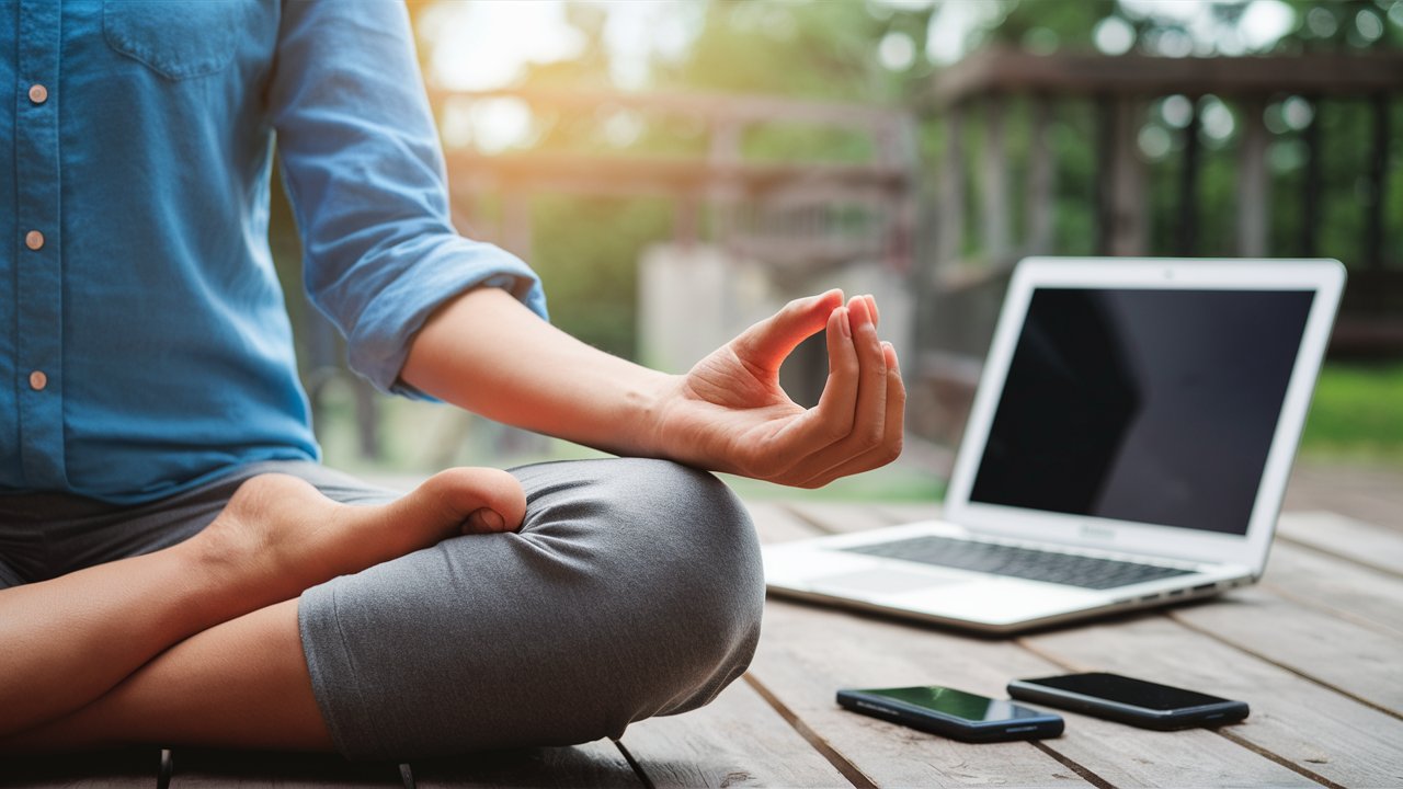 Person in lotus position meditating peacefully with smartphones and laptops in the background